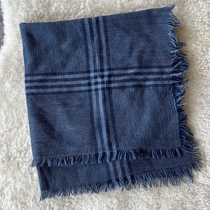 Vintage Blue Fringe Edge Statement Scarf with Checkered Pattern